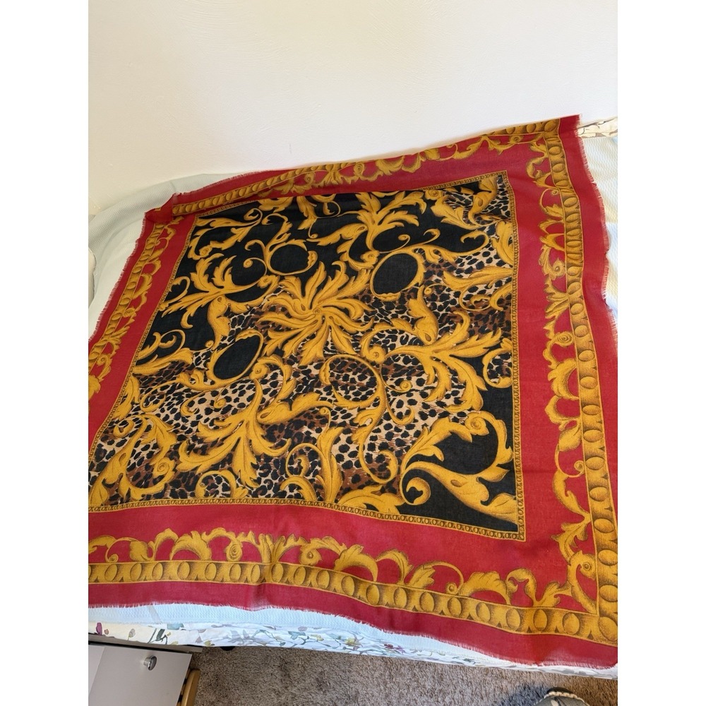 Vintage Domani Square Scarf Red Black Mustard Floral 46"/46" Made In Italy